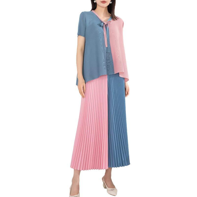 Pleated Suit Women's Fashion Two-piece Summer New Color Bump Loose Large Yard Tops Elastic Waist Wide Leg Pants