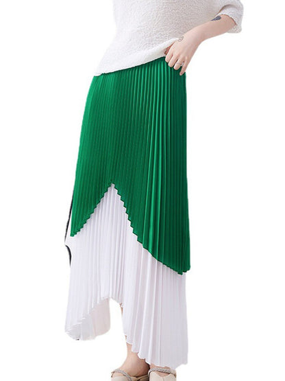 Patchwork Pleated Skirts Women Stitching Color Elastic Waist Irregular Color Block Loose Skirts