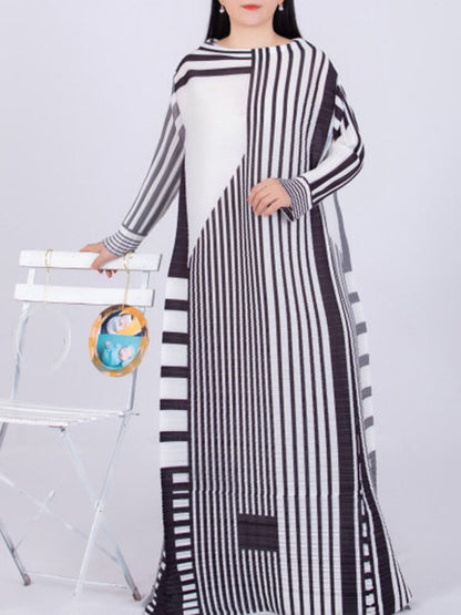 Pleated Striped Print Dress Loose Elegant Full Sleeve O Neck Birthday Party Dresses  Spring Summer New Fashion 15G6889