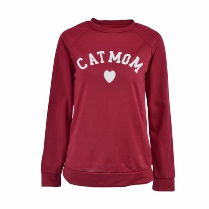 CAT MOM Heart Print Hoodies Women's Autumn Winter Fashionable Long Sleeve Casual Sweatshirt