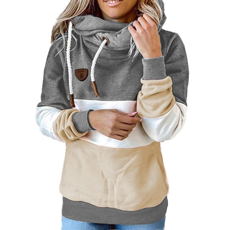 Winter women  Contrast Stitching hooded Turtleneck Casual Solid Contrast Long Sleeve Hoodie Sweatshirt Tops