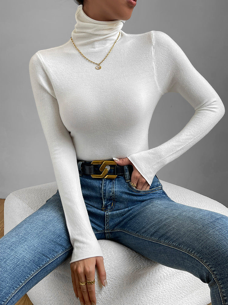 Autumn and Winter Women's White High Neck Undercoat Slim Fit Thin Knitwear Comfortable Long Sleeve Sweater