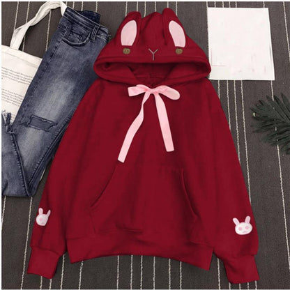 Women's Autumn And Winter Embroidered Cute Rabbit Ear Pocket Hoodie