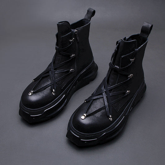 Winter Thick-soled Motorcycle Martin Boots Side Zipper Genuine Leather High-top Men's Shoes