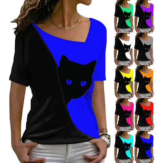 Women's Cat Printing Top Short Sleeve