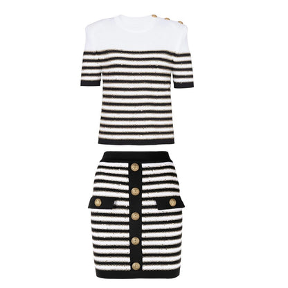 French Stylish O-neck Casual Short Sleeve Striped Gold Thread Knitted Sweater Skinny 2PCS Skirt Sets