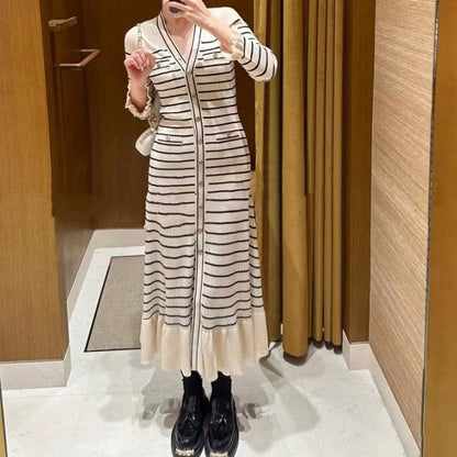 Spring/Summer New French Lazy Stripe Knitted Dress V-Neck Slim Fit Mid length Dress