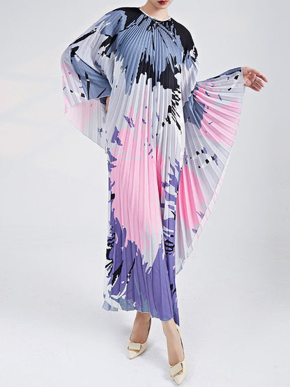 Miyake Pleated Dress Designer Printed Round Neck Batwing Sleeves High End Holiday Dresses for Women