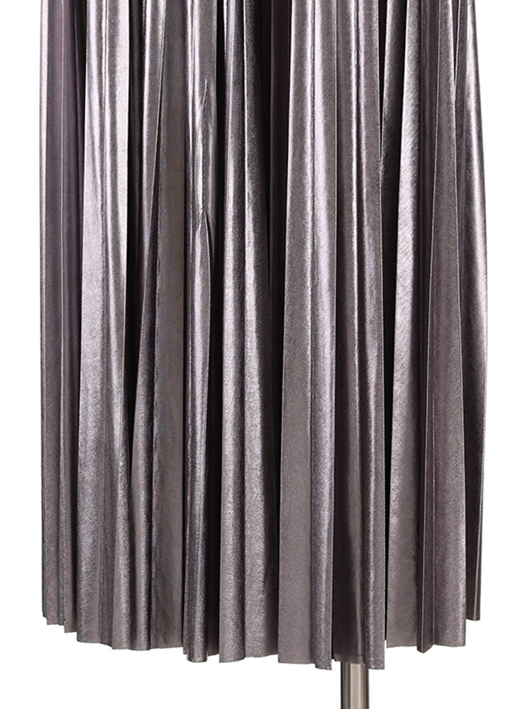 Women Silver Gray Pleated Long Elegant Half-body Skirt High Elastic Waist Fashion Tide New Spring Summer