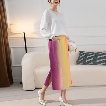 Gradient Printed Skirt For Women High Elastic Waist Contrast Color Spliced Pocket Skirts Female Clothes 2023 New