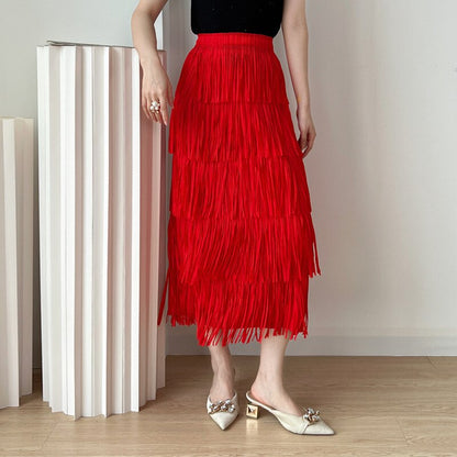 Summer New Retro Style Fringe Women's Half Skirt Miyake Pleated Loose Fashion Elastic Waist Pure Color Pleated Skirt