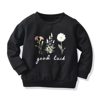 Girls Flower Pattern Black Long-Sleeved T-shirt Sweatshirt