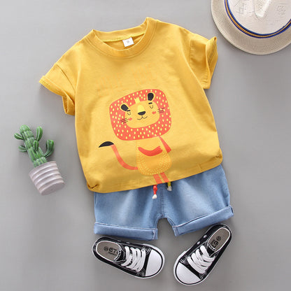 Boy Cartoon Lion Print Round Neck Short Sleeve T-Shirt Setsale