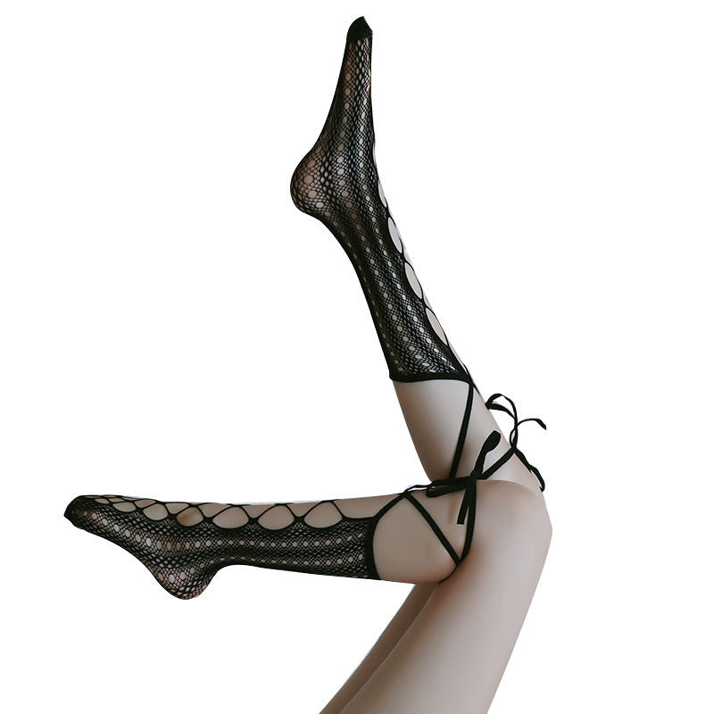 Women's Lace Up Hollow Stockings With Mesh