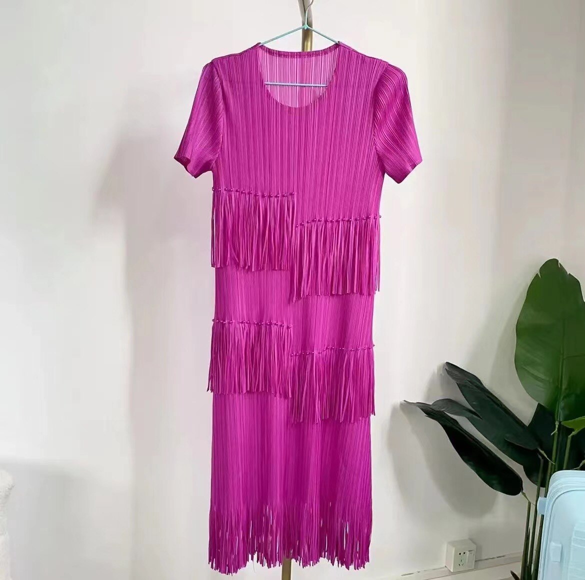 Miyake Pleated Women's Dress Loose Round Neck Fringed Pearl Casual Vestido New for Summer