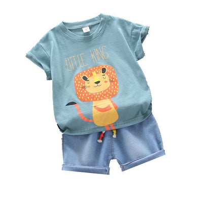 Boy Cartoon Lion Print Round Neck Short Sleeve T-Shirt Setsale