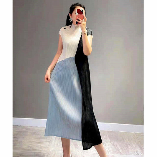 Pleated A-line Dress One Button Long Dress Sleeveless Vintage Causal Dress Bobo Dress Designer Clothing