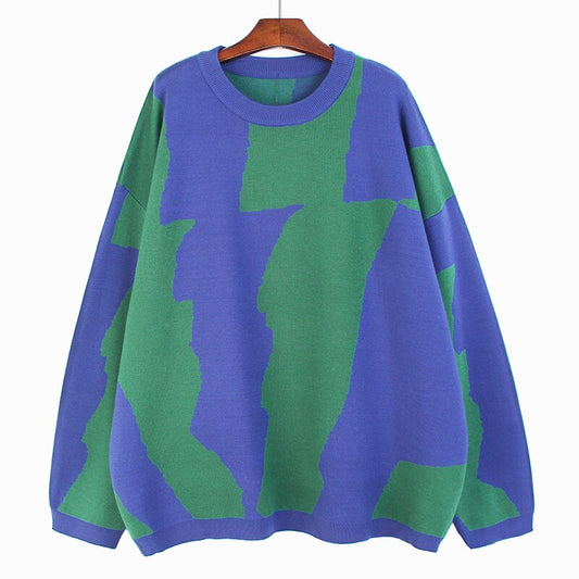 Blue Big Size Knitting Sweater Loose Fit Round Neck Long Sleeve Women Pullovers New Fashion Autumn Winter