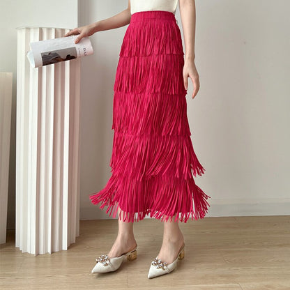 Summer New Retro Style Fringe Women's Half Skirt Miyake Pleated Loose Fashion Elastic Waist Pure Color Pleated Skirt