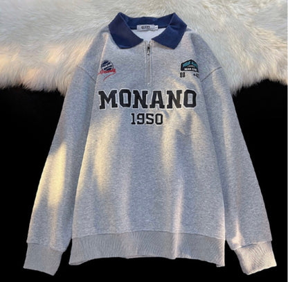 Retro Lazy Style Polo Collar Loose Embroidered Letter Sweater