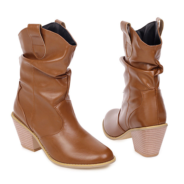 Autumn And Winter Wood Grain Thick High-heeled Women's Boots