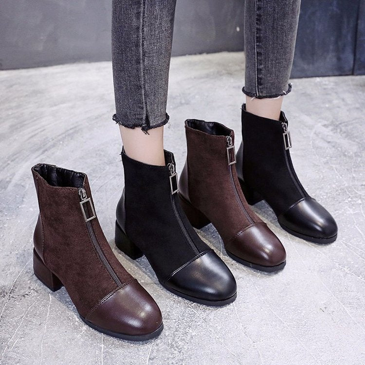 Short front zipper chunky heel suede mid-heel square toe boots