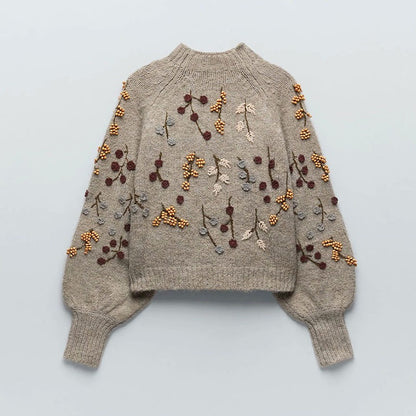 Winter Beaded Embroidery Decoration Bubble Sleeve Sweater