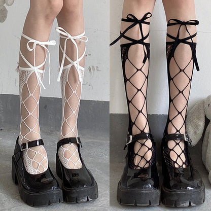 Women's Lace Up Hollow Stockings With Mesh