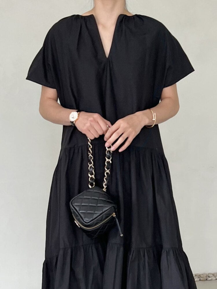 [EWQ] Women V-neck Pleated Loose Causal Dress Solid Color Short Sleeve Patchwork Dresses  Summer New Tide Vestidos 16Y8396