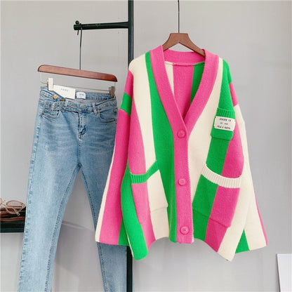 Autumn Color Contrast Vertical Stripe Sweater Coat Women's New Korean Version Loose Slouchy Knitted Cardigan