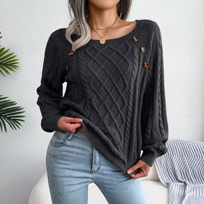 Autumn And Winter Casual Square Collar Nail Button Twist Knit Pullover Sweater