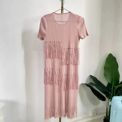 Miyake Pleated Women's Dress Loose Round Neck Fringed Pearl Casual Vestido New for Summer