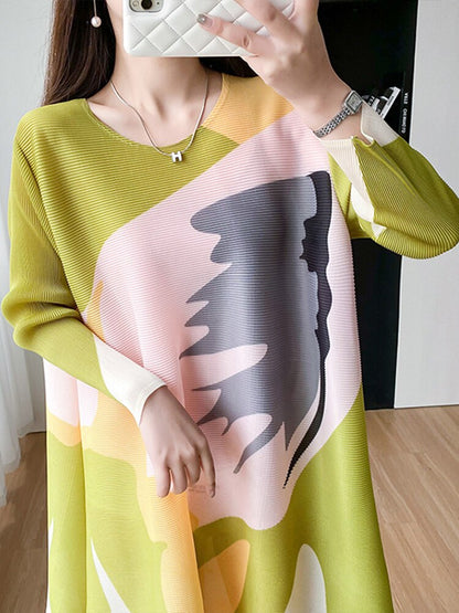 Women Print Pleated A Line O Neck Dress Long Versatile Loose Casual Spring Summer