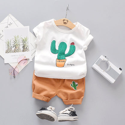 Summer Boys And Girls Cartoon Cactus Pure Cotton T-shirt Children's Suit