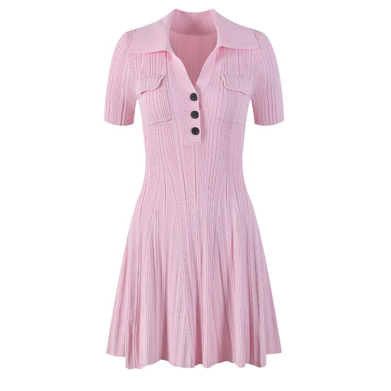 Korean Fashion Pink Dress Women 2023 Elegangt Turn-down Collar Short Sleeve Knitted Dresses Runway Designer Vestidos De Fiesta