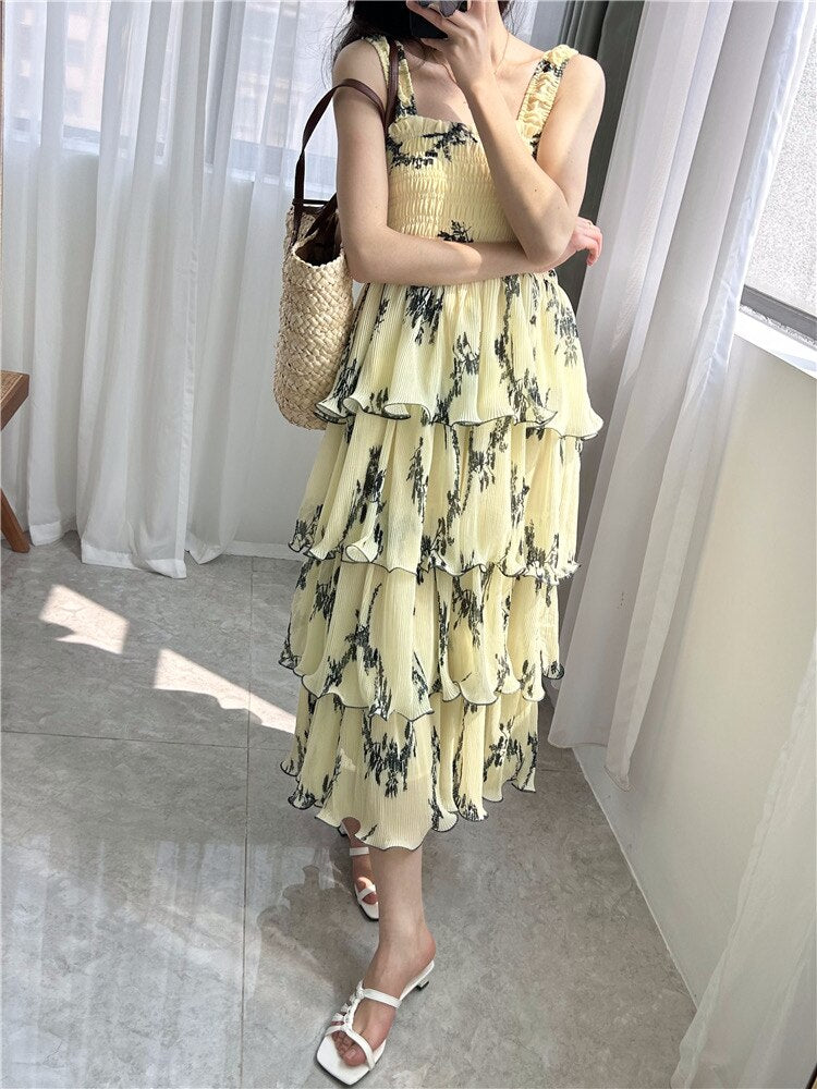 OFF fashion chic ruffles layer high waist stretch spaghetti strap midi long dresses for women holiday beach festival party robes