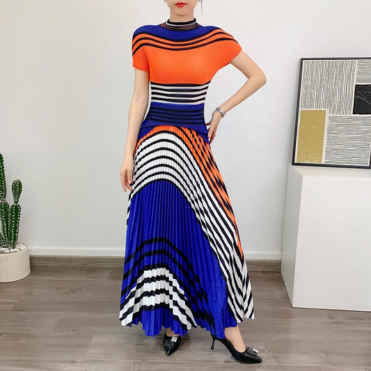 Set Summer New Print Short Sleeve Corn Kernel Pleated Long Skirt Temperament Pleated Two-Piece Set Women