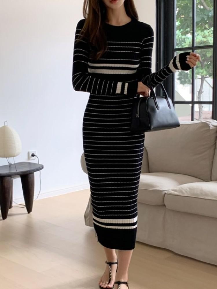 Korean Slim Striped Knitted Sweater Dress Women Full Sleeve O-neck Pencil Long Maxi Dresses Casual Elegant Chic Ladies Vestidos