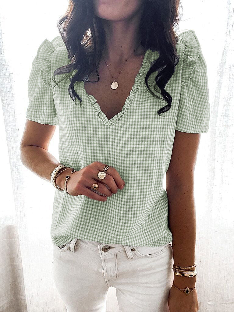 V-neck Ruffled Plaid Fashion Short Sleeves