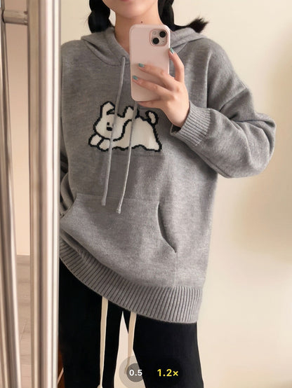 Cute Cartoon Hooded Sweater Knitted Sweater Spring And Autumn New Loose Pockets Overlapping Tops Temperament Sweater