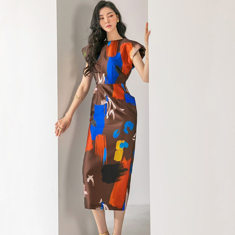 Light Luxury Sleeveless Dress in Europe and America, Elegant Celebrity Wrap Hip Print, Contrast Color, Slim Dress Party