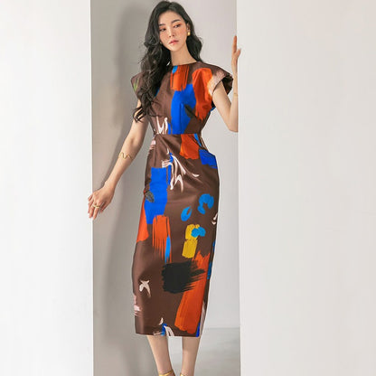 Light Luxury Sleeveless Dress in Europe and America, Elegant Celebrity Wrap Hip Print, Contrast Color, Slim Dress Party