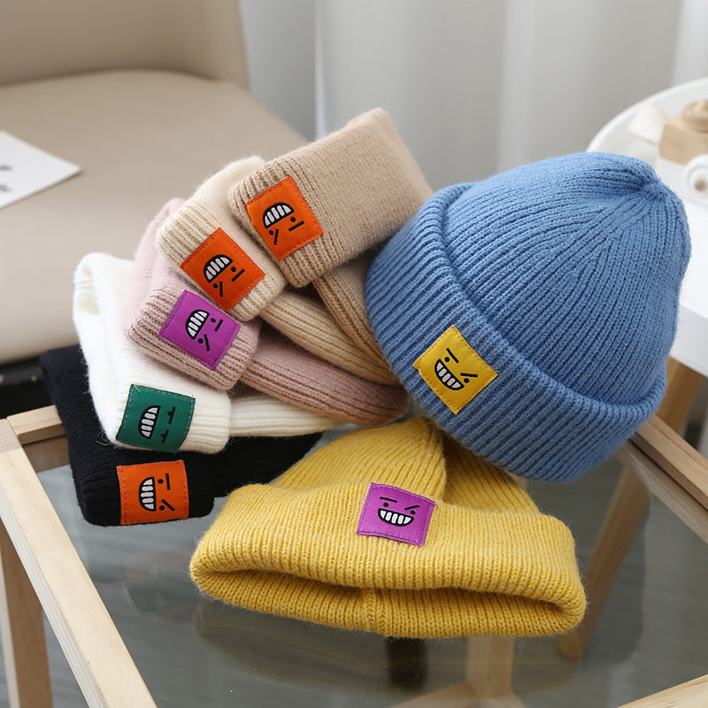 South Korea With The Same Paragraph Candy Color Expression Cloth Label Children's Knitted Hats