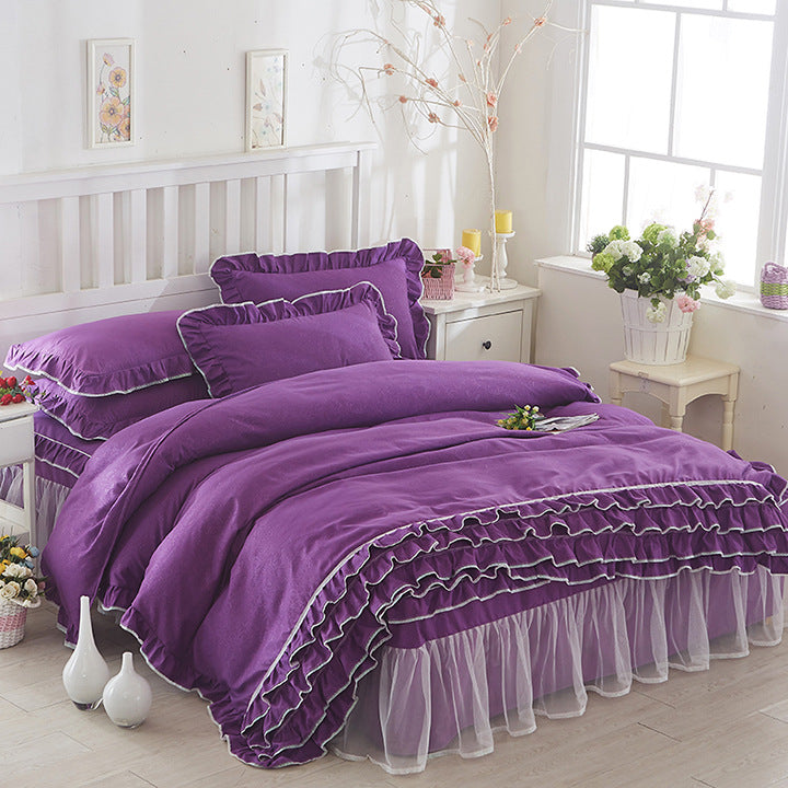 Princess Lace Bed Skirt-style Bedspread Style Four-piece Solid Color Lace