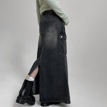 Women Gradually Change Color And Split Open Denim Skirt