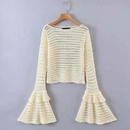 Fashion Women's Knitted Pullover Round Neck Loose Solid Color Flare Long Sleeve Hollow Out Sweater Autumn New