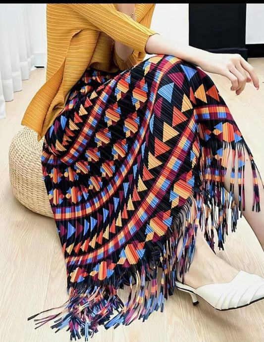 Vintage Printing Tassel Pleated Skirts For Women High Waist With Elastic Midi Skirt Tide Fashion Summer