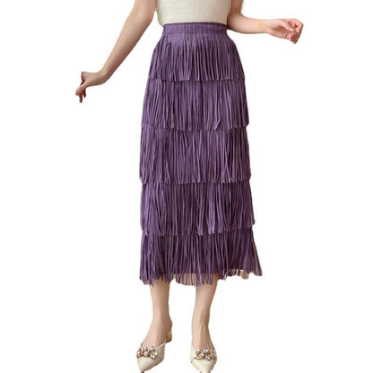 Summer New Retro Style Fringe Women's Half Skirt Miyake Pleated Loose Fashion Elastic Waist Pure Color Pleated Skirt