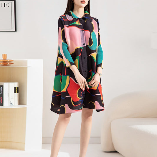 Miyake Pleated Printed Midi Dress for Women 2023 Spring Autumn New Polo Collar Single-Breasted Loose Plus Size Mid-Length Dress