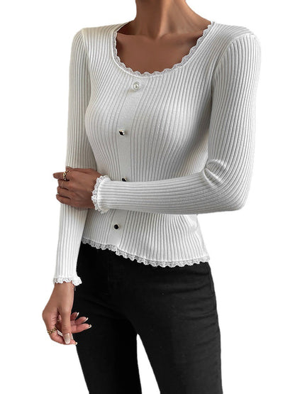 Women's Lace White Backing Shirt Slim and Comfortable Top Button Round Neck Knitted Sweater